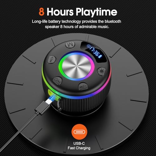 Portable Bluetooth Shower Speaker with Time Display, RGB Lights