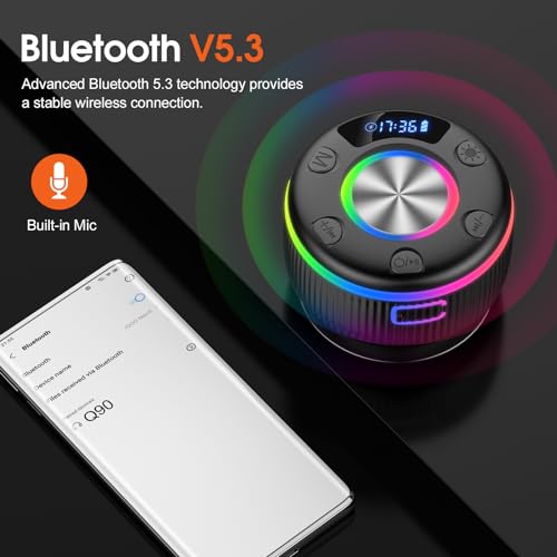 Portable Bluetooth Shower Speaker with Time Display, RGB Lights