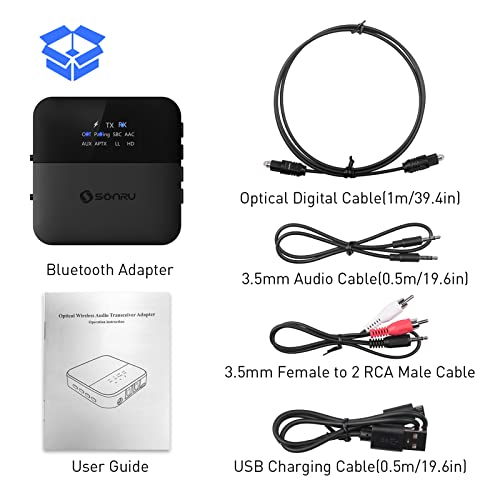 SONRU Bluetooth 5.0 Transmitter Receiver: TV/Home Stereo Adapter