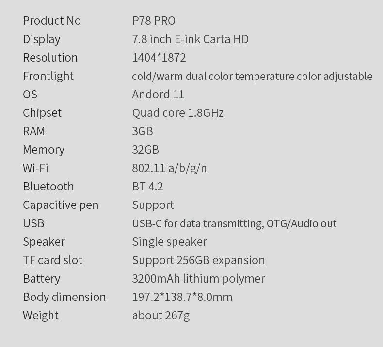 Meebook P78 Pro | 7.8” Eink Screen | Android 11 | Google Play | Grey