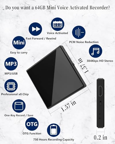 Compact 64GB Voice Recorder with 750 Hours Recording