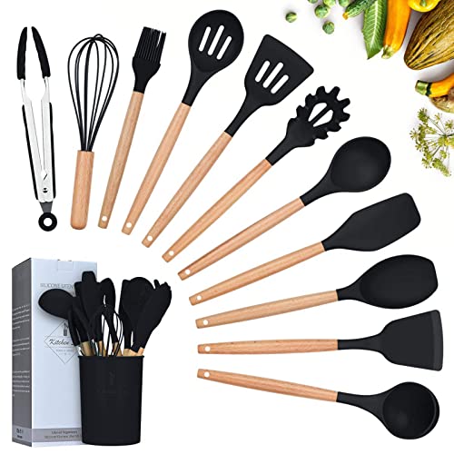 12-Piece Silicone Cooking Utensil Set with Wooden Handles