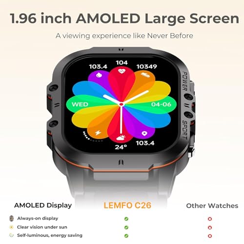 LEMFO 1.96" AMOLED Smart Watch: Men's 110+ Sports Modes