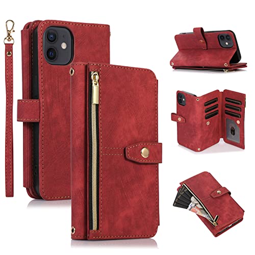 Vintage Red Leather Wallet Case for iPhone 11