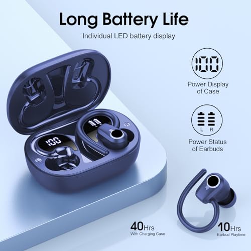 2023 Bluetooth Wireless Earbuds with Earhooks, Deep Blue
