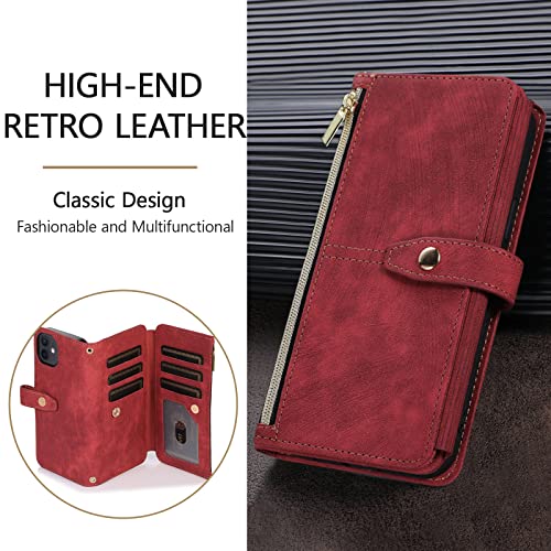 Vintage Red Leather Wallet Case for iPhone 11