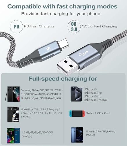 Fast Charging USB C Charger Cable for Samsung Galaxy, iPhone