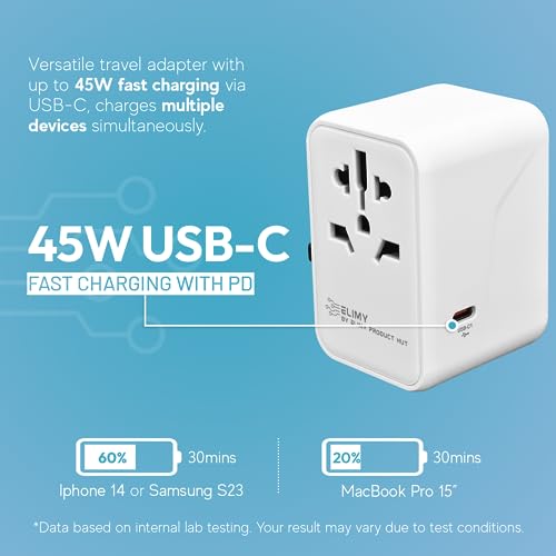 Elimy Universal Travel Adapter with Fast Charge - 5 Ports, Dual Fuses
