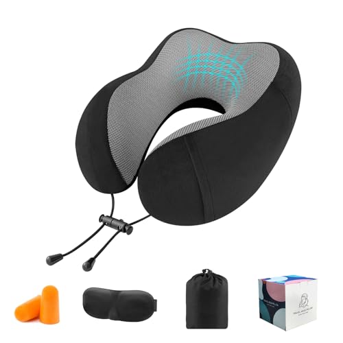 CNMTCCO Travel Pillow - Comfortable Neck Pillow for Travel, Memory Foam Neck Pillow Head Support Soft Pillow for Sleeping Rest Airplane Car & Home Use, with Ear Plugs, Eye Mask & Carry Bag