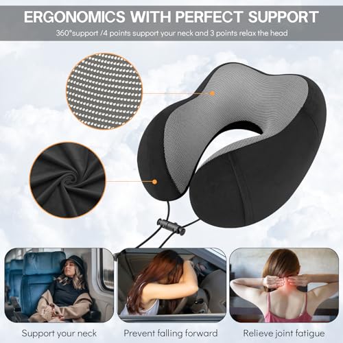 CNMTCCO Travel Pillow - Comfortable Neck Pillow for Travel, Memory Foam Neck Pillow Head Support Soft Pillow for Sleeping Rest Airplane Car & Home Use, with Ear Plugs, Eye Mask & Carry Bag