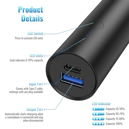 Portable Charger Black with Type C Cable - Compatible with iPhone, Samsung, Xiaomi