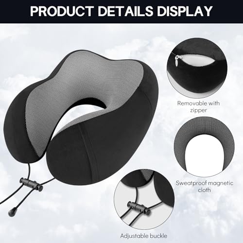 CNMTCCO Travel Pillow - Comfortable Neck Pillow for Travel, Memory Foam Neck Pillow Head Support Soft Pillow for Sleeping Rest Airplane Car & Home Use, with Ear Plugs, Eye Mask & Carry Bag
