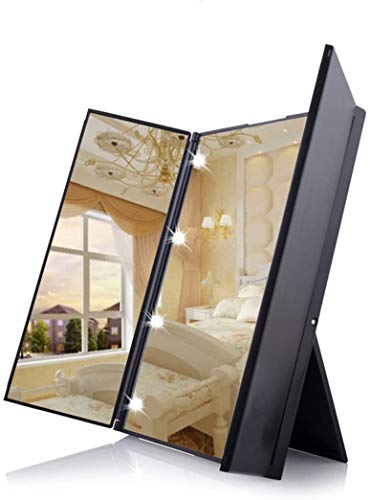 Tri-Fold Travel Makeup Mirror with LED Lights - Black
