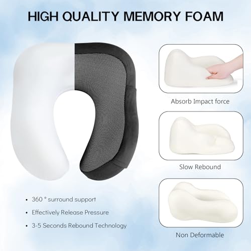 CNMTCCO Travel Pillow - Comfortable Neck Pillow for Travel, Memory Foam Neck Pillow Head Support Soft Pillow for Sleeping Rest Airplane Car & Home Use, with Ear Plugs, Eye Mask & Carry Bag