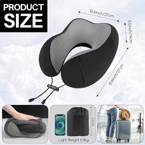 CNMTCCO Travel Pillow - Comfortable Neck Pillow for Travel, Memory Foam Neck Pillow Head Support Soft Pillow for Sleeping Rest Airplane Car & Home Use, with Ear Plugs, Eye Mask & Carry Bag