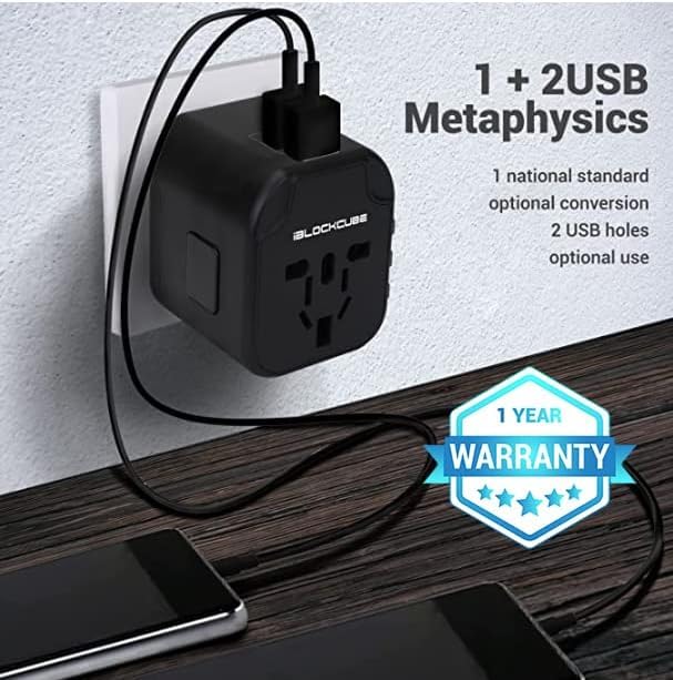 iBlockCube Travel Plug Adapter with 2 USB Ports (Black)