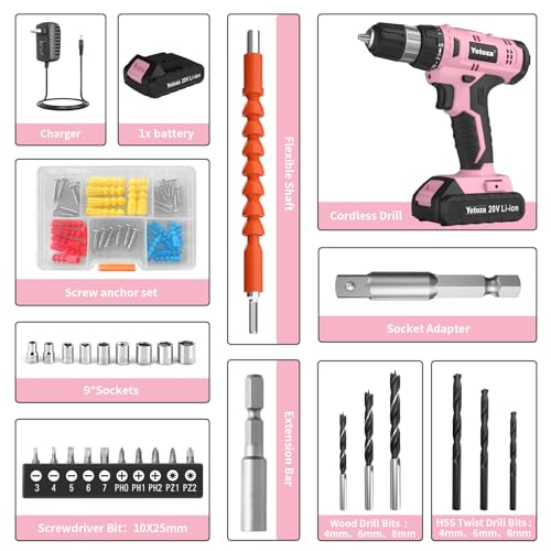 Compact Cordless Drill Set, 20V Lithium, LED Work Light, Pink