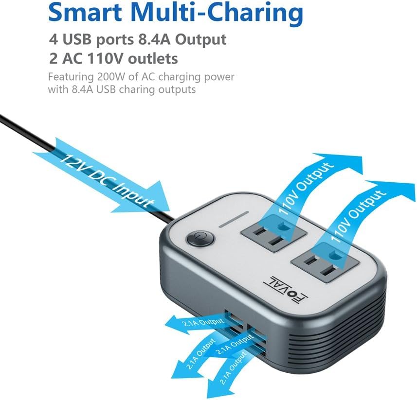 FOVAL 200W Car Power Inverter: 4 USB Ports