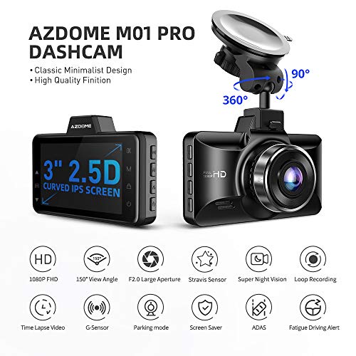 AZDOME Dual Dash Cam, Front and Rear, 3 inch 2.5D IPS Screen