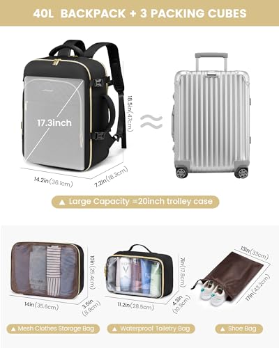 Black Aviation Backpack with 40L Capacity, Packing Cubes