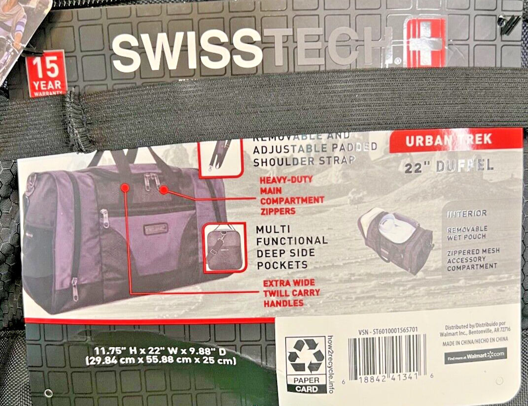 SWISSTECH Urban Trek 22" Duffel Bag with Zippered Mesh Compartments