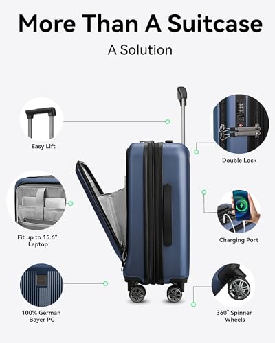 Aviator's Essential: Carry-on Suitcase with Laptop, USB (Blue)
