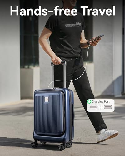 Aviator's Essential: Carry-on Suitcase with Laptop, USB (Blue)