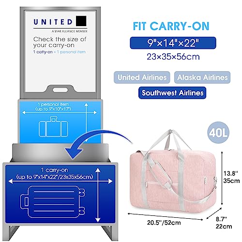 Pink Foldable Travel Duffel Bag, Airlines Approved, 40L