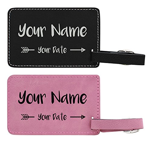 Custom Laser Engraved Leatherette Luggage Tags - Pink/Black