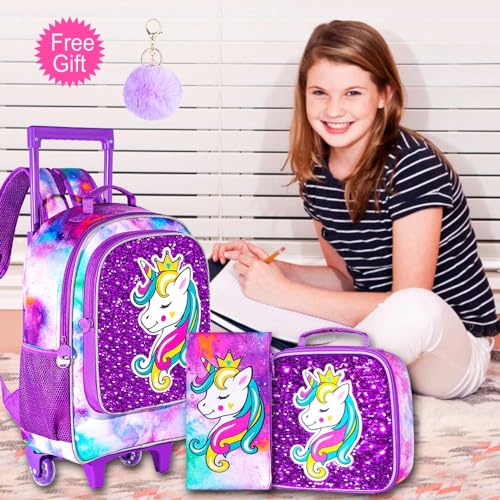 Unicorn Roller Backpack Set for Girls - Purple