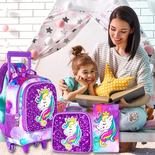 Unicorn Roller Backpack Set for Girls - Purple