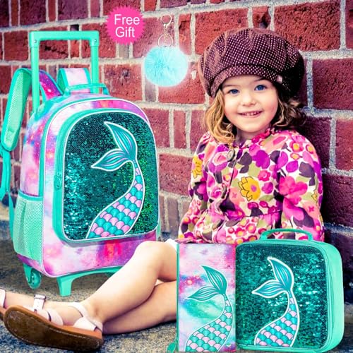 Mermaid Green Rolling Backpack for Girls - 3PCS