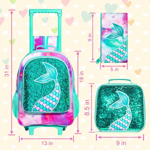Mermaid Green Rolling Backpack for Girls - 3PCS
