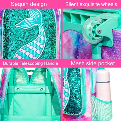 Mermaid Green Rolling Backpack for Girls - 3PCS