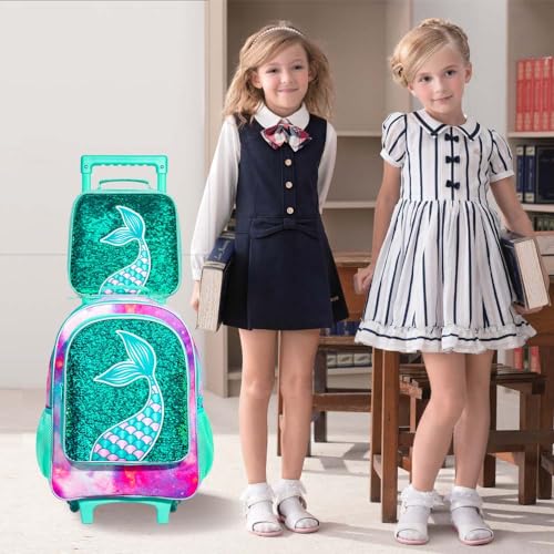 Mermaid Green Rolling Backpack for Girls - 3PCS