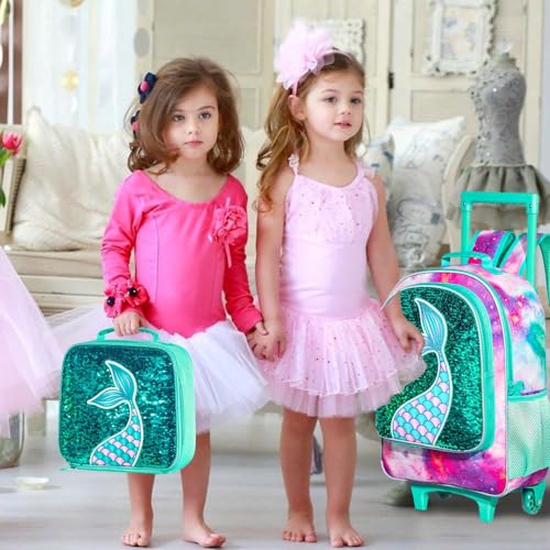 Mermaid Green Rolling Backpack for Girls - 3PCS