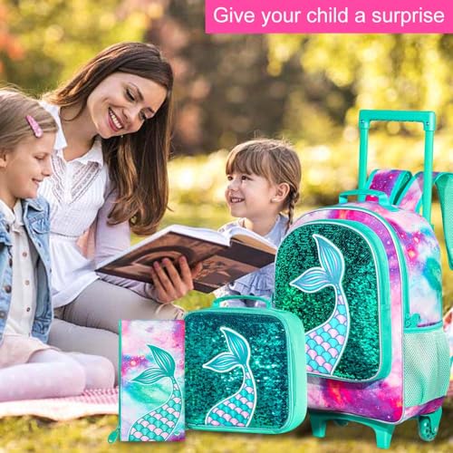 Mermaid Green Rolling Backpack for Girls - 3PCS