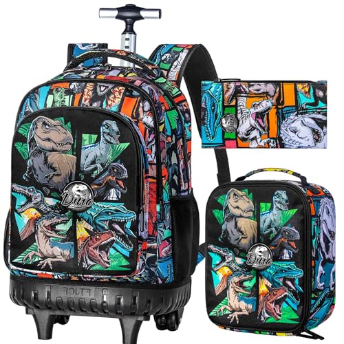 Durable Dinosaur Rolling Backpack for Boys - 21 Inch