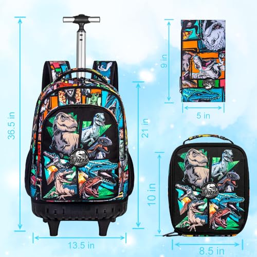 Durable Dinosaur Rolling Backpack for Boys - 21 Inch