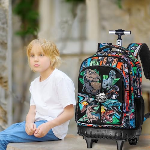 Durable Dinosaur Rolling Backpack for Boys - 21 Inch