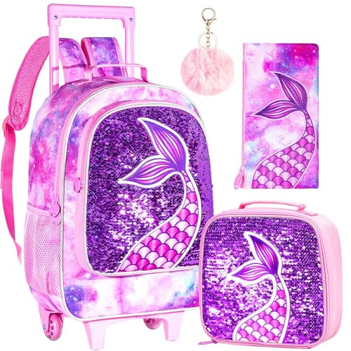 Girls' Mermaid Sequin Rolling Backpack with Roller Wheels