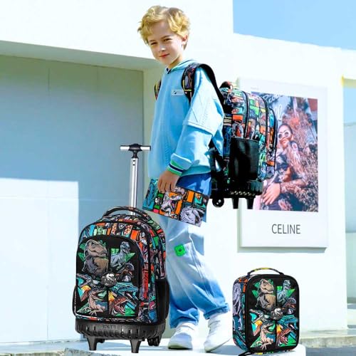 Durable Dinosaur Rolling Backpack for Boys - 21 Inch