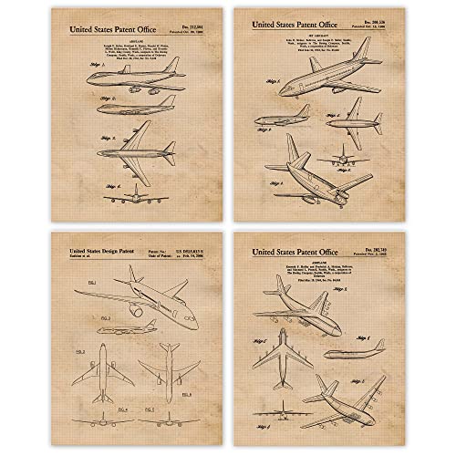 Vintage Airplane Patent Prints: Set of 4 (8x10) Unframed