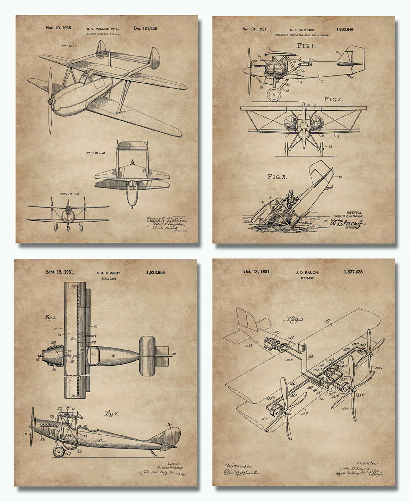 4 Vintage Biplane Patent Wall Art Prints Aviation