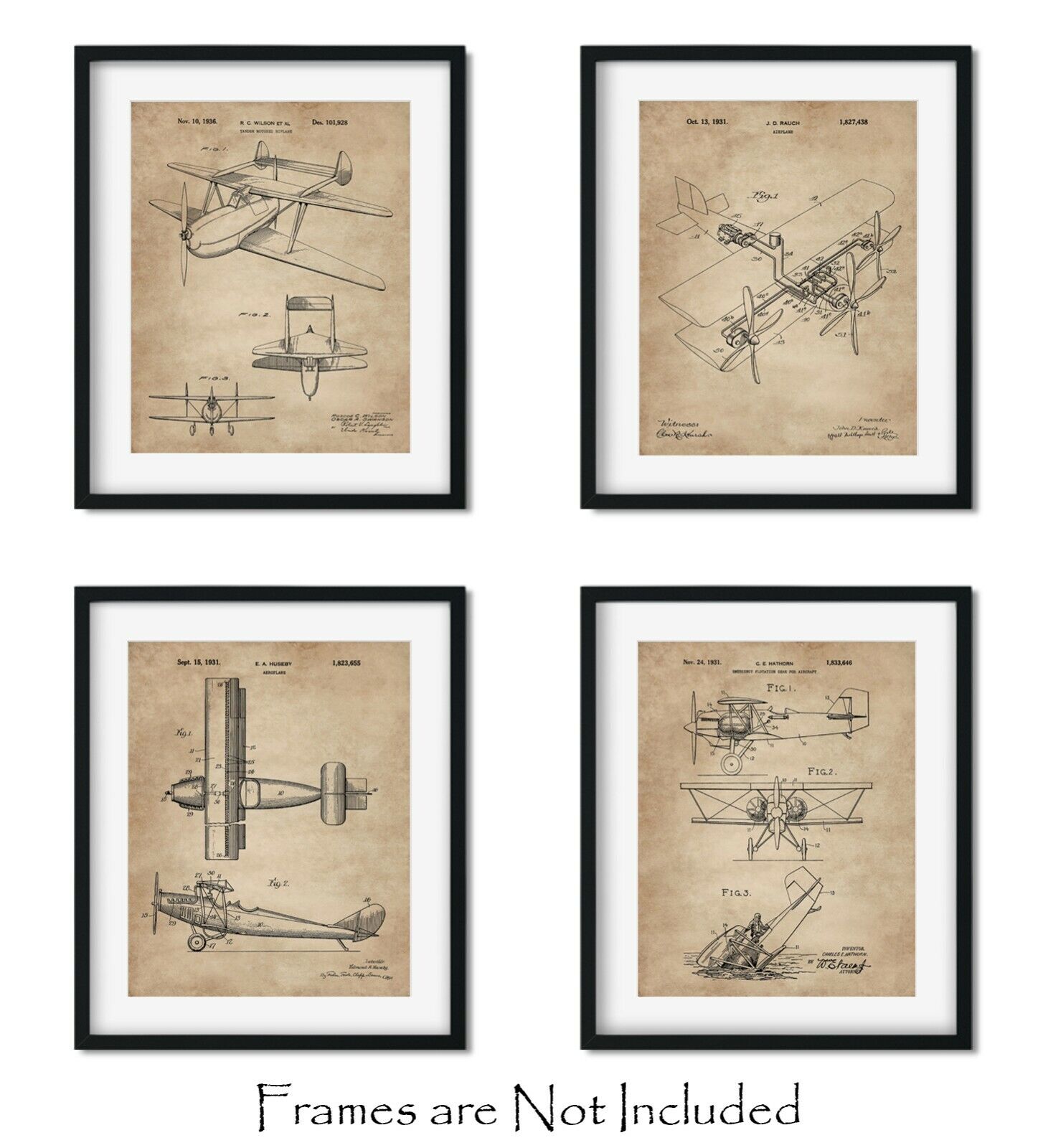 4 Vintage Biplane Patent Wall Art Prints Aviation