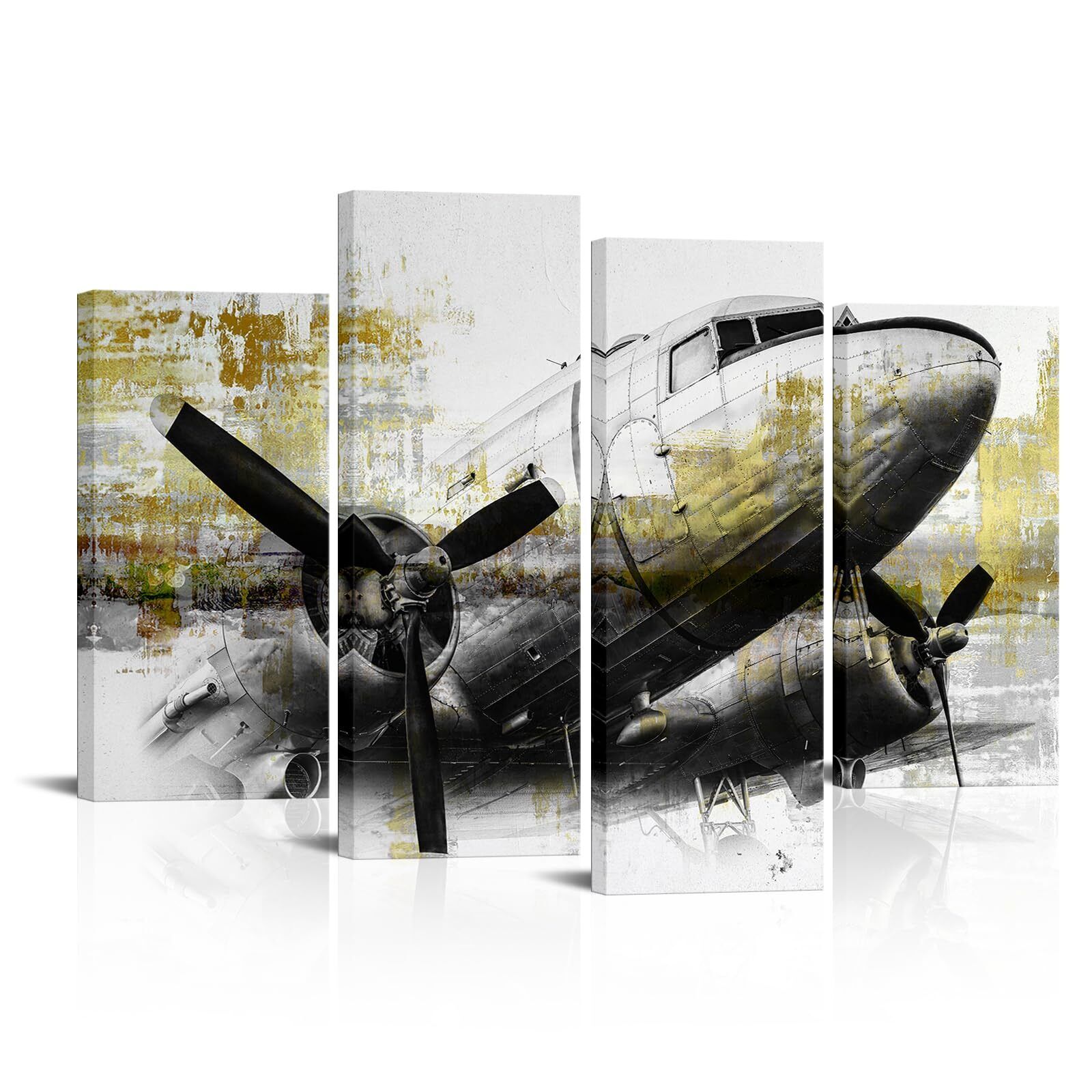Vintage Grey Gold Aviation Canvas Wall Art Set