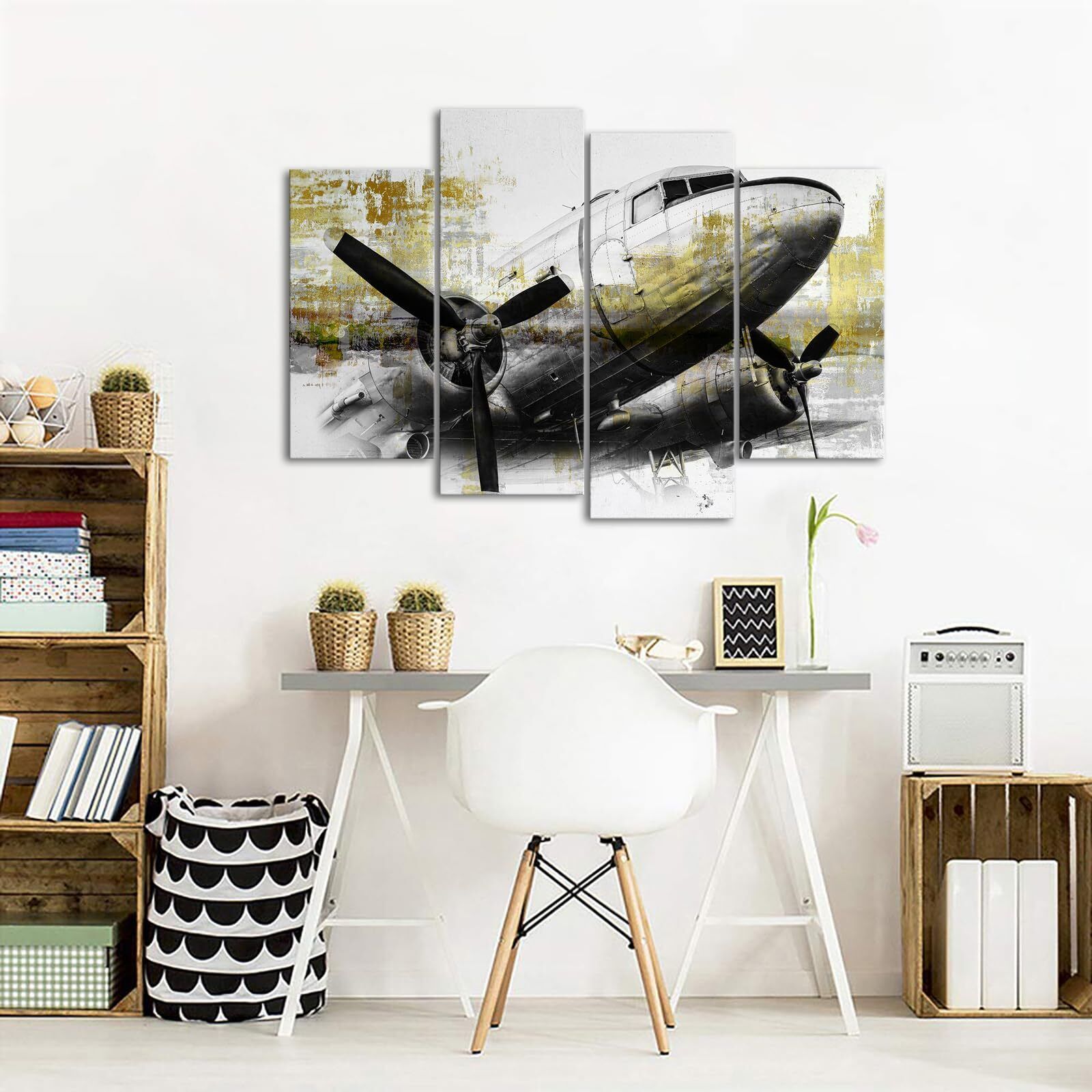 Vintage Grey Gold Aviation Canvas Wall Art Set