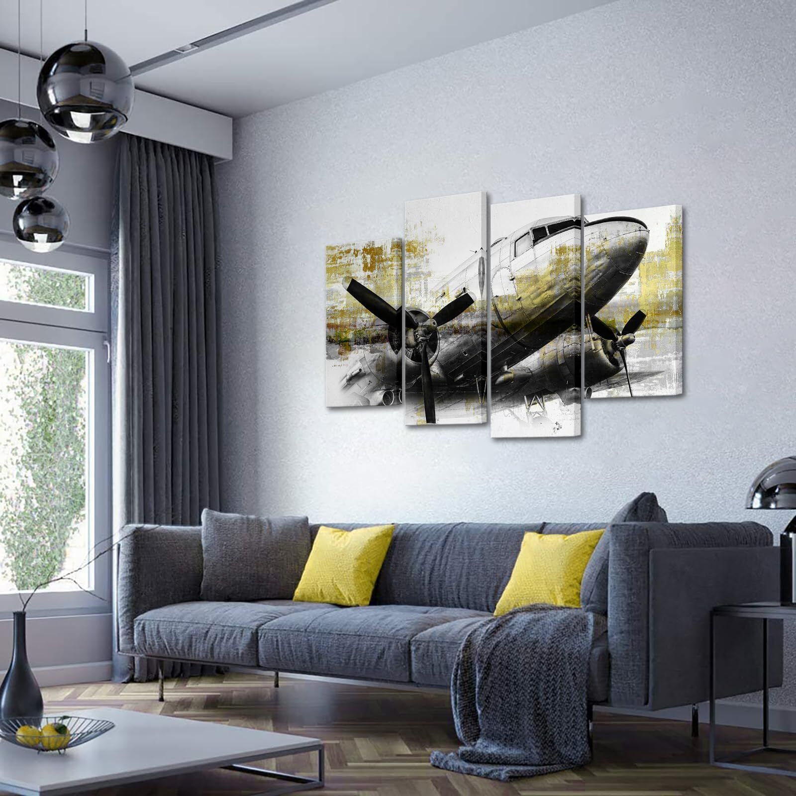 Vintage Grey Gold Aviation Canvas Wall Art Set