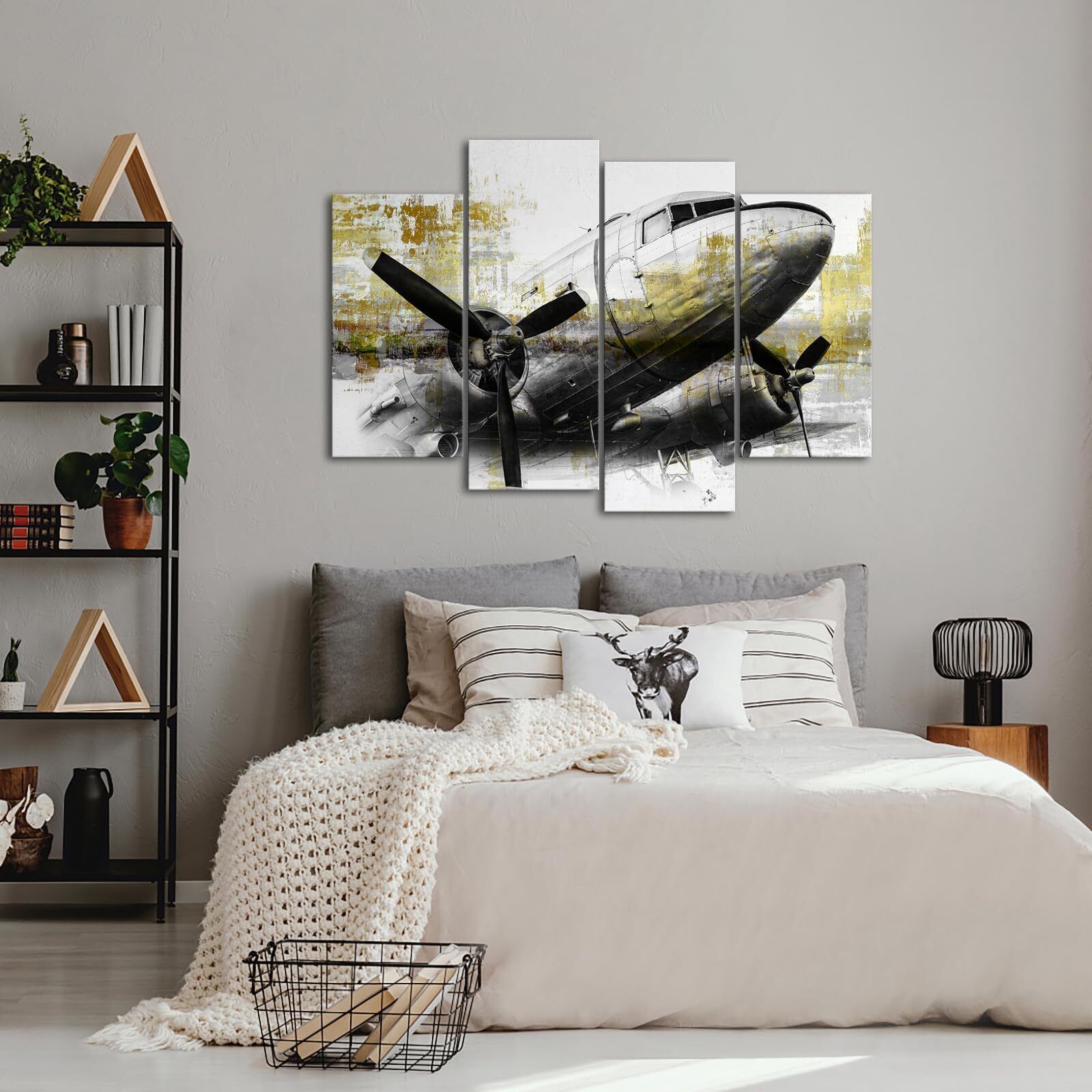 Vintage Grey Gold Aviation Canvas Wall Art Set