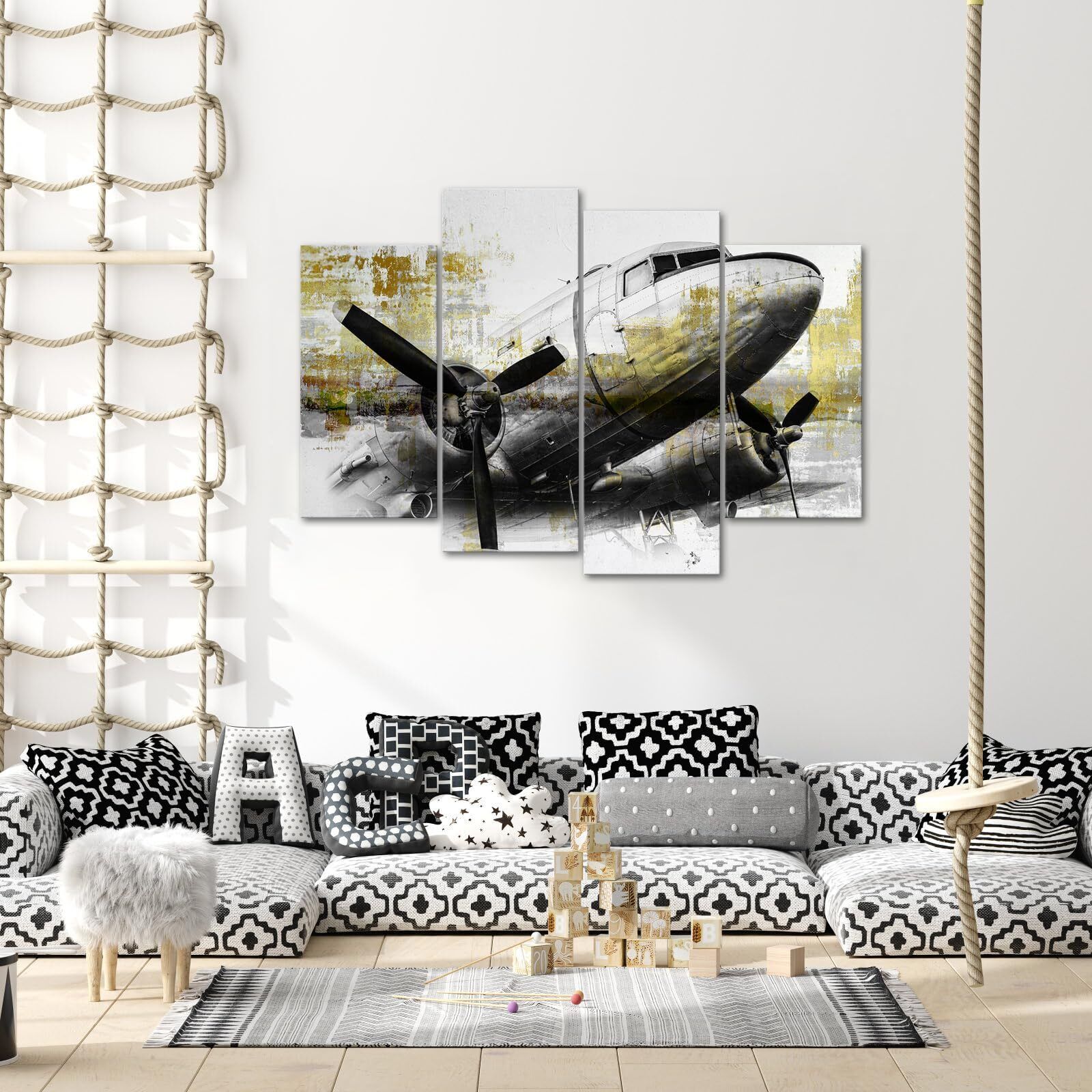 Vintage Grey Gold Aviation Canvas Wall Art Set
